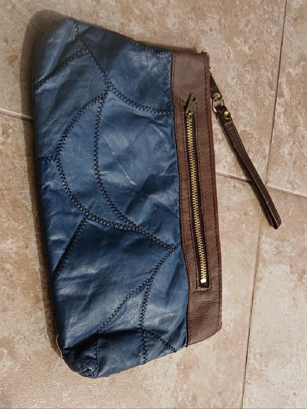 Vintage Blue and Brown Leather Patchwork Wristlet Clutch Bag